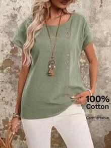 Blusa casual de verano de algodón para mujer con cuello redondo, mangas de murciélago y detalles de botones - Verde - Ver 1