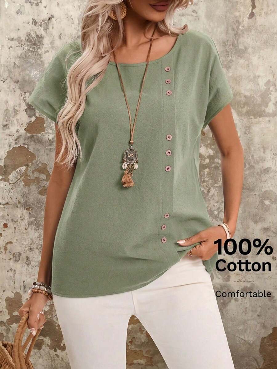 Blusa casual de verano de algodón para mujer con cuello redondo, mangas de murciélago y detalles de botones - Verde - Ver 1