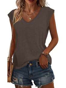 3pcs Solid Color Plus Size V-Neck T-Shirts, Casual Short Sleeve T-Shirts Spring/Summer, Women's Clothing - Light Brown + Dark Brown + Black - View 3