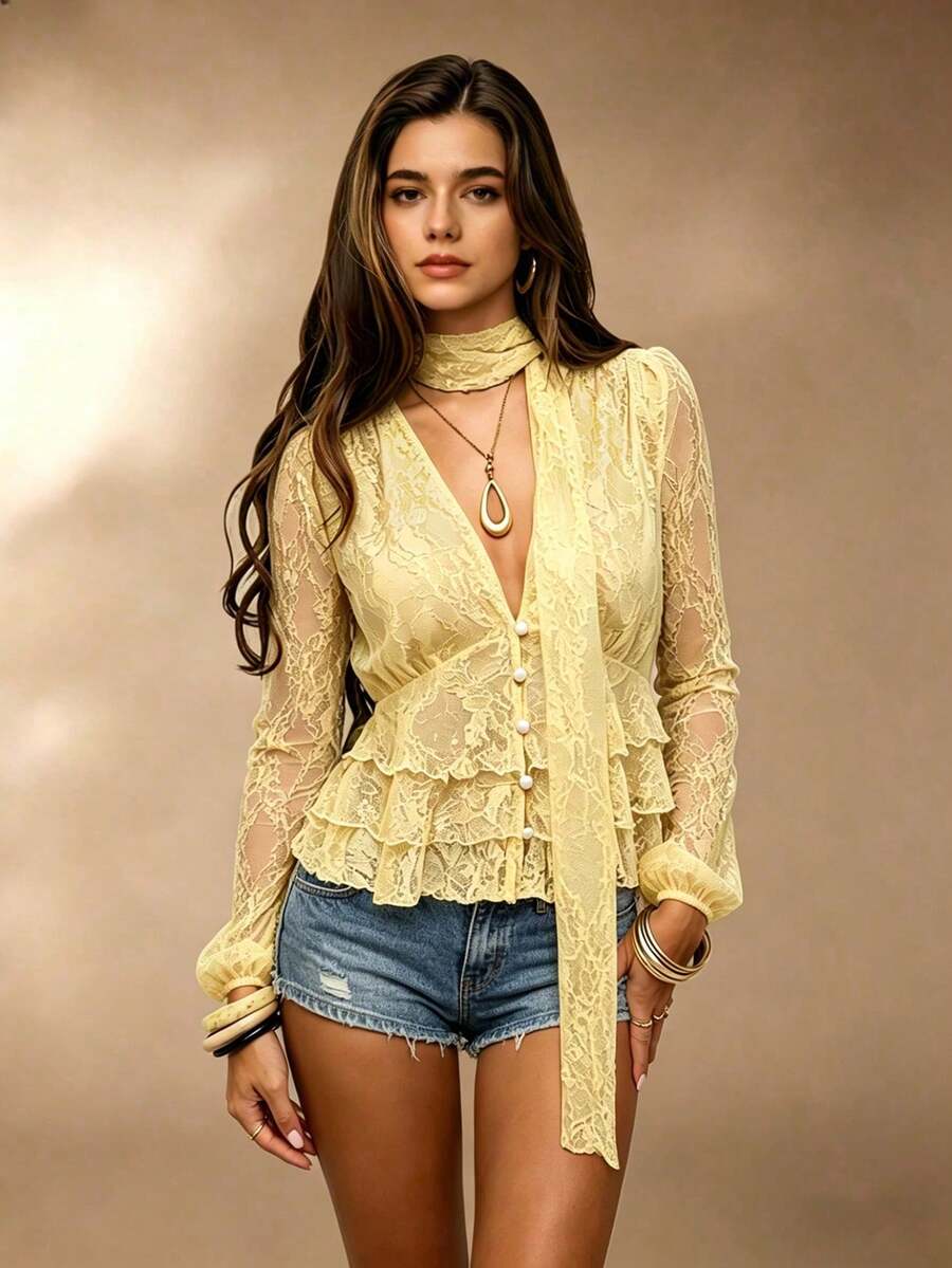 2026 Nuevo Blusa de mujer con cuello de bufanda, al aire libre, sexy, clásico, popular, casual, urbano, moderno, de uso diario, de vacaciones, elegante, de negocios, para ir al trabajo - Amarillo claro - Ver 1