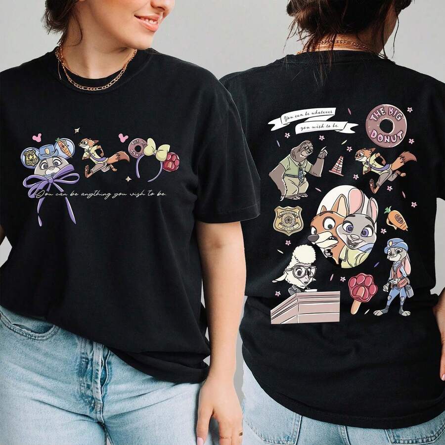 Zootopia Top, Judy Hopps-Nick Wilde Tee, Zootopia Friends T-Shirt, Disney Zootopia Tee, Disney Holiday Tee, Disney T-Shirt - 黑色 - 查看 1