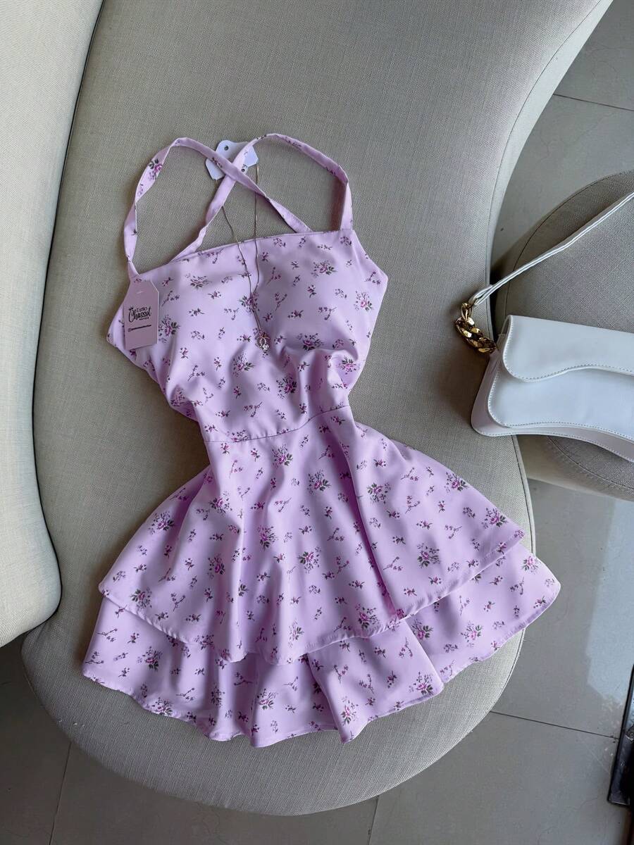 New Women's Floral Print Dress, Strappy Back, Backless, Multi-Layered, Pastel Style, Ideal For Dates, Vacations, Meetings, Parties, Holidays And Daily Wear - 淺藍色 - 查看 1