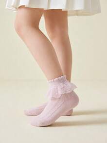 3 pares de calcetines de encaje de algodón de unicolor para niños, con volantes de princesa, versátiles para fiestas y baile - Multicolor - Ver 4