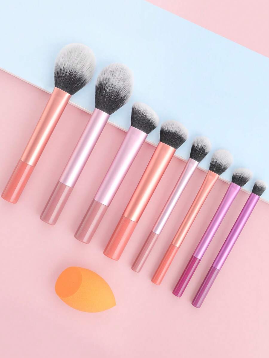 ronshadow 8pcs Pink Purple Orange Multicolor Long Handle Makeup Brush Set Including Powder Brush, Blush Brush, Foundation Brush, Eyeshadow Brush, Detail Brush + Makeup Sponge, Complete Soft Bristle Makeup Tool Set For Beginners - Multicolor - View 1