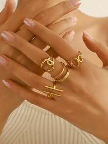 4pcs/Set 18K Gold Plated Stainless Steel Fashionable Geometric Cross Open Ring, Suitable For Daily Wear - Gold - View 2