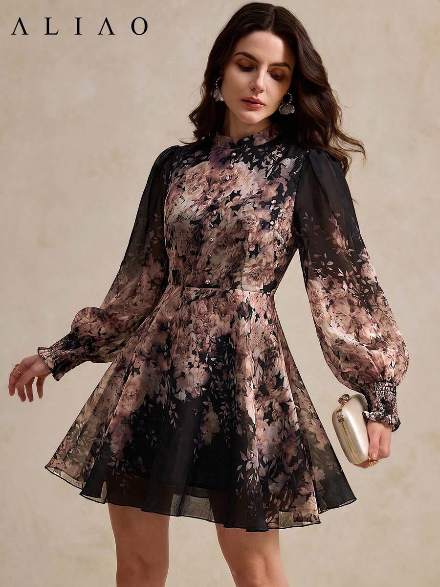 Aliao Printed Ruched Sheer Dress, Vintage Style For Wedding, Party, Gathering And Daily Wear Elegant