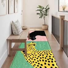 1pc Pink Green Leopard & Contrast Pattern Printed Faux Cashmere Surface TPR Bottom Doormat, Bathroom Mat, Kitchen Mat, Laundry Mat, Holiday Atmosphere Decor, Home Decor, Party Decor, Wedding Decor, Dining & Kitchen Decor - Multicolor - View 2