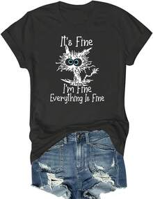 Camisetas de Mujer con Frases como "Estoy Bien, Todo Está Bien", Manga Corta, Corte Holgado, Estilo Casual, con Gráficos de Gatos Lindos - Estilo - Ver 1