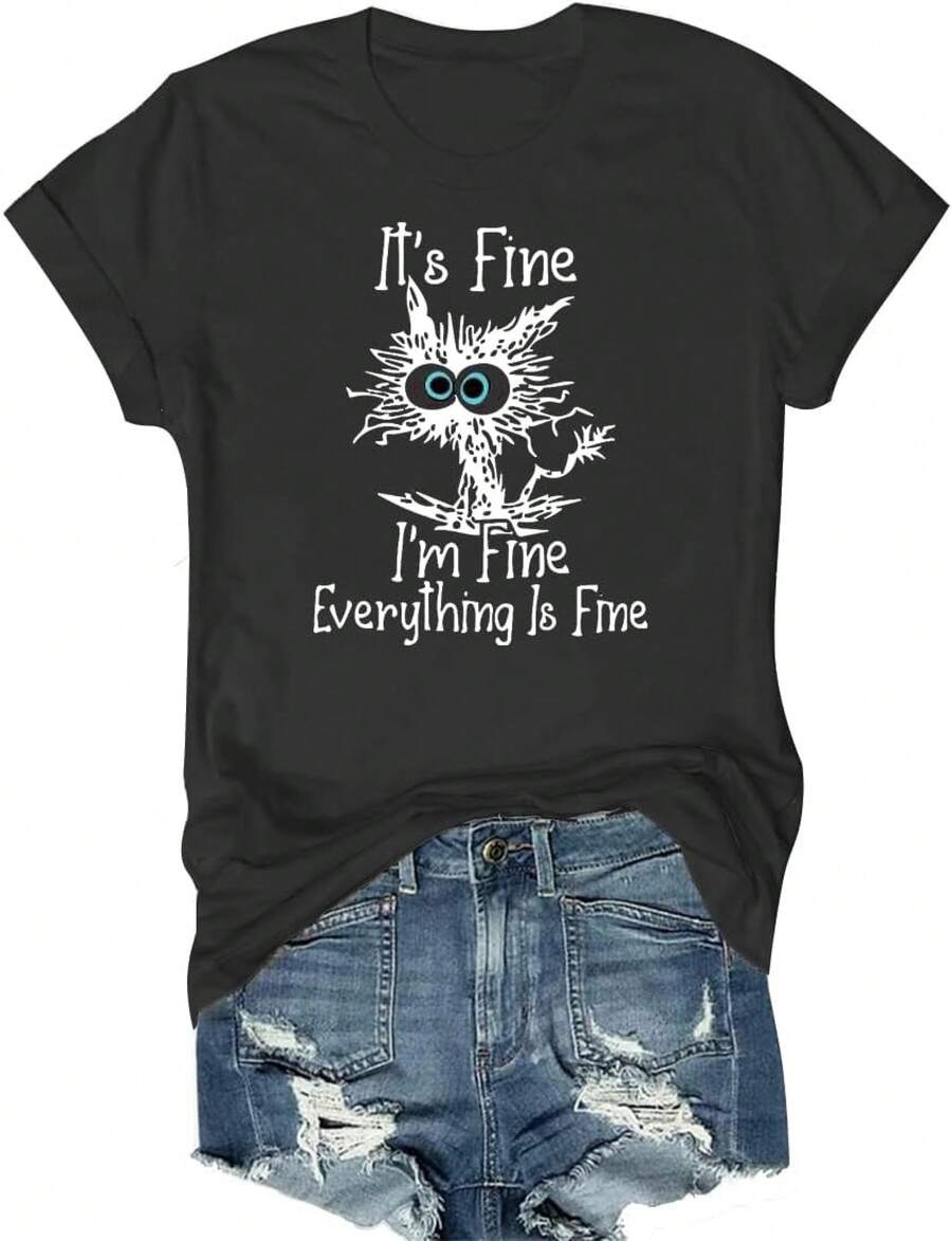 Camisetas de Mujer con Frases como "Estoy Bien, Todo Está Bien", Manga Corta, Corte Holgado, Estilo Casual, con Gráficos de Gatos Lindos - Estilo - Ver 1