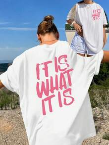 Plus Size, Ms. Xia's bedrucktes, lässiges, übergroßes T-Shirt mit Rundhalsausschnitt und überschnittenen Schultern, bequemes, locker sitzendes, leicht dehnbares Oberteil - Weiss - Übersicht 1