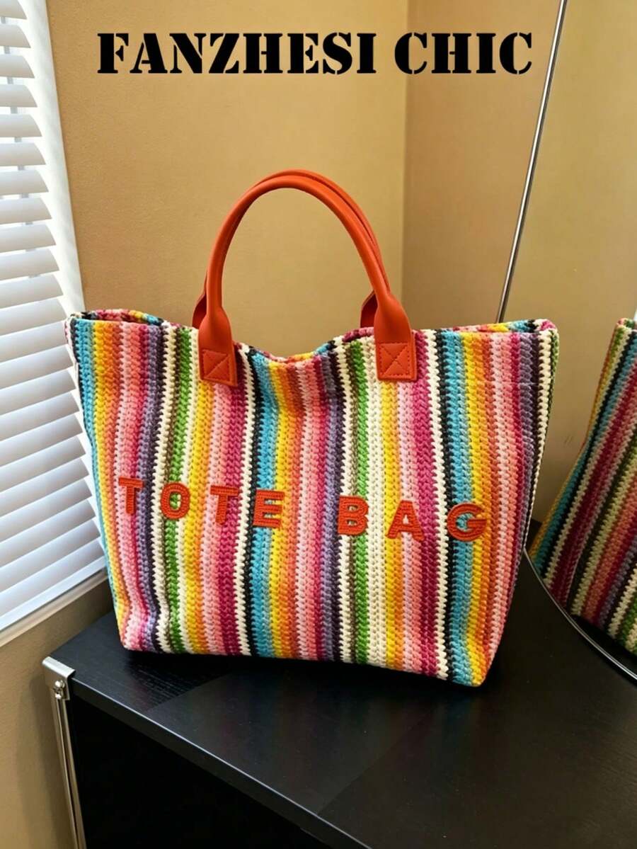 彩虹條紋鉤針編織托特包,彩色編織單肩包配橘色PU提把,「TOTE BAG」字母刺繡,大容量適合日常與夏季使用 - 查看 1
