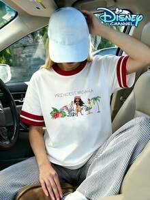 Disney Moana Double-Sided Print Color-Blocked T-Shirt, A Versatile And Comfortable Short-Sleeved Top For Everyday Wear By Girls. - 白色拼紅 - 查看 2
