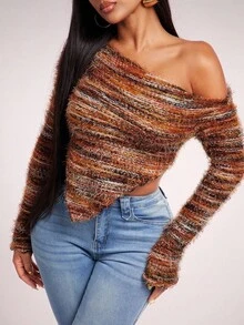 Camiseta de punto acanalado con cuello asimétrico de estilo grunge, top para salir de las mujeres en otoño - Multicolor - Ver 1