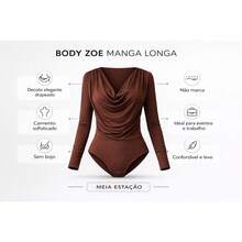 Women's Brown Draped Bodysuit, Elegant Long-Sleeved Blouse, Knit Fabric, Draped Style, Perfect For School, Evening, Holiday, Wedding, Vacation, Or Office. - 鏽棕色 - 查看 3