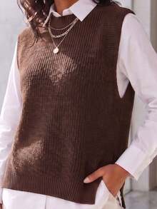 Women's Knitted Vest With Ribbed Crew Neck, Sleeveless, Casual And Elegant Knitwear For Autumn/Winter - 鏽棕色 - 查看 4