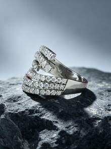 1pc Twisted Multi-Row Synthetic Cubic Zirconia Ring, Suitable For Everyday Wear, Parties, And Special Occasions. No Box. - Silver - View 2