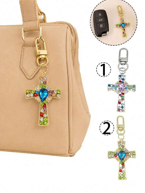 Rhinestone Cross Keychain Bag Charm, Crystal Alloy Pendant For Women, Vacation Season Back To School Teacher's Day Gift