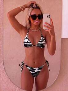 Summer Women's Sexy Retro Colorblock Camouflage Print Swimsuit Set, Suitable For Beach Vacation, Adjustable Drawstring Design - Black, White and Gray Camouflage - View 5