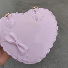 Bolsos de mano de PU con forma de corazón para niñas, decoración con lazos, bolsos de hombro japoneses, monederos de concha Kawaii de dos tamaños, bonitos bolsos de mensajero rosas, regalos - Rosa pequeño - Ver 6