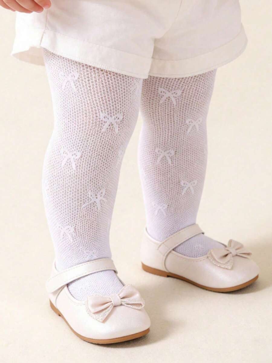 1pc Baby Girl Bow Mesh Tights, Breathable Hollow Out Leggings