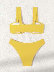 New 2026 Model: New Two-Piece Bikini With Metallic Accessory And Solid Color For Women, Beach Swimsuit With Opening - 黃色 - 查看 2