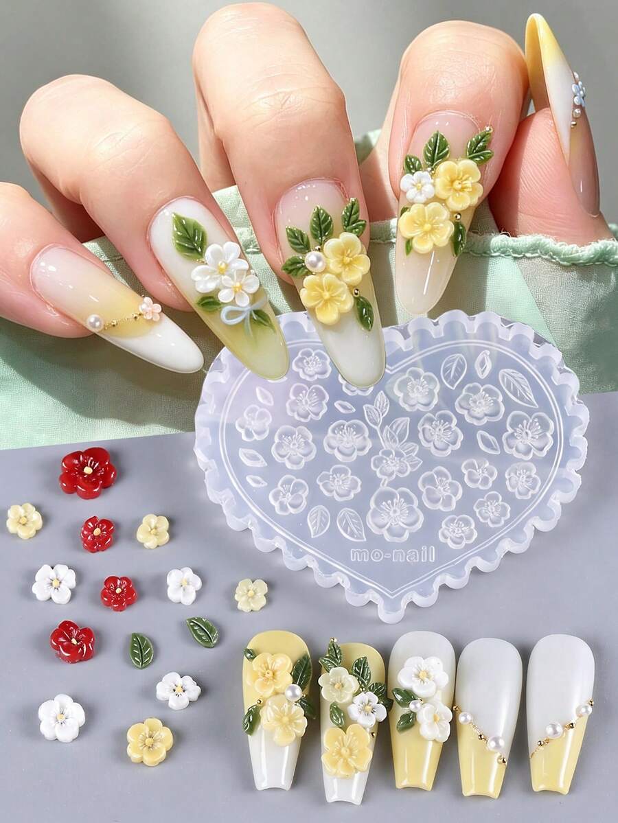 1件透明軟矽膠3D花朵與葉子美甲模具,可重複使用愛心蕾絲邊美甲雕塑模板,易脫模美甲工具,適用DIY UV凝膠、壓克力、Poly美甲延長膠,適合春夏花卉美甲設計,美甲用品 - 無色 - 查看 1