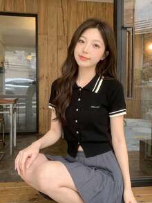 法式夏季设计 Polo 领针织短袖 T 恤，女士开衫薄款上衣 黑色 - 黑色 - 查看 2