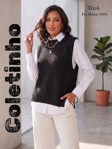 Women's Knitted Vest With Ribbed Crew Neck, Sleeveless, Casual And Elegant Knitwear For Autumn/Winter - 黑色 - 查看 4