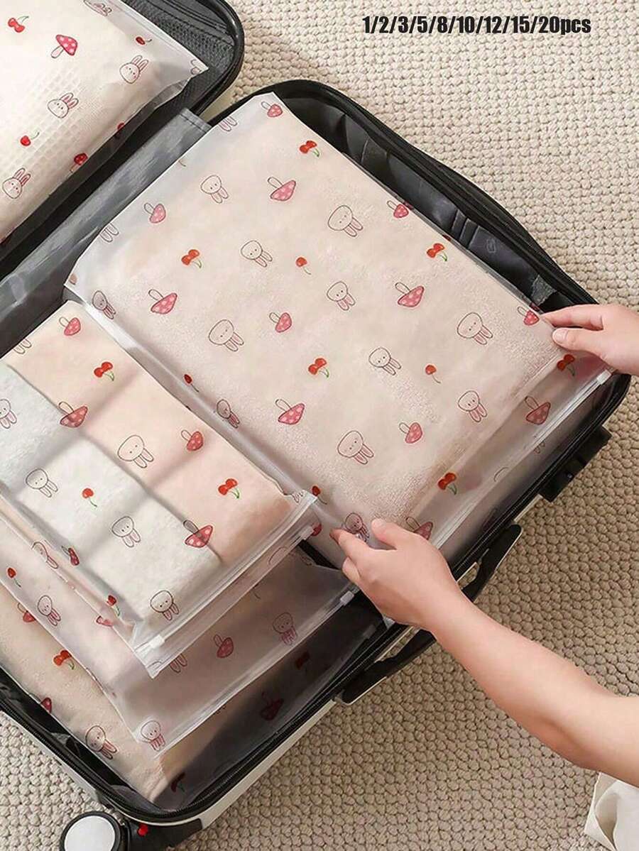 1/2/3/5/8/10/12/15/20入 可愛蘑菇與兔子印花透明收納袋 - 防水防塵,適合收納鞋子、化妝品、內衣等,附安全拉鍊封口,旅行必備,防水磨砂霧面塑膠材質 - 彩色 - 查看 1
