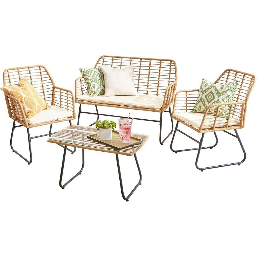 Outdoor Indoor Wicker Rattan Garden Furniture Sofa Chair Table Set With Natural Cushion For Patio Balcony - Cojín natural - Ver 1
