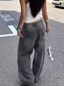 Jeans anchos de ajuste holgado y casual para mujer, versátiles para el uso diario y el estilo callejero en primavera - Gris Oscuro - Ver 7