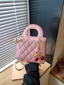 Sweet And Delicate Quilted Design, Cherry Pendant Decoration, Mini Lady Bag, Fashionable, Versatile, Simple And Elegant Women's Handbag. - Pink - View 10