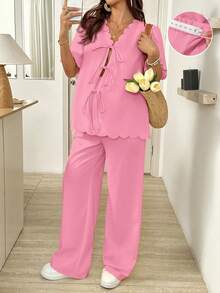 Set de 2 piezas de top con mangas de farol con volantes y nudo delantero y pantalones con cintura ajustable para embarazadas, conjunto de moda para vacaciones - Rosa - Ver 1