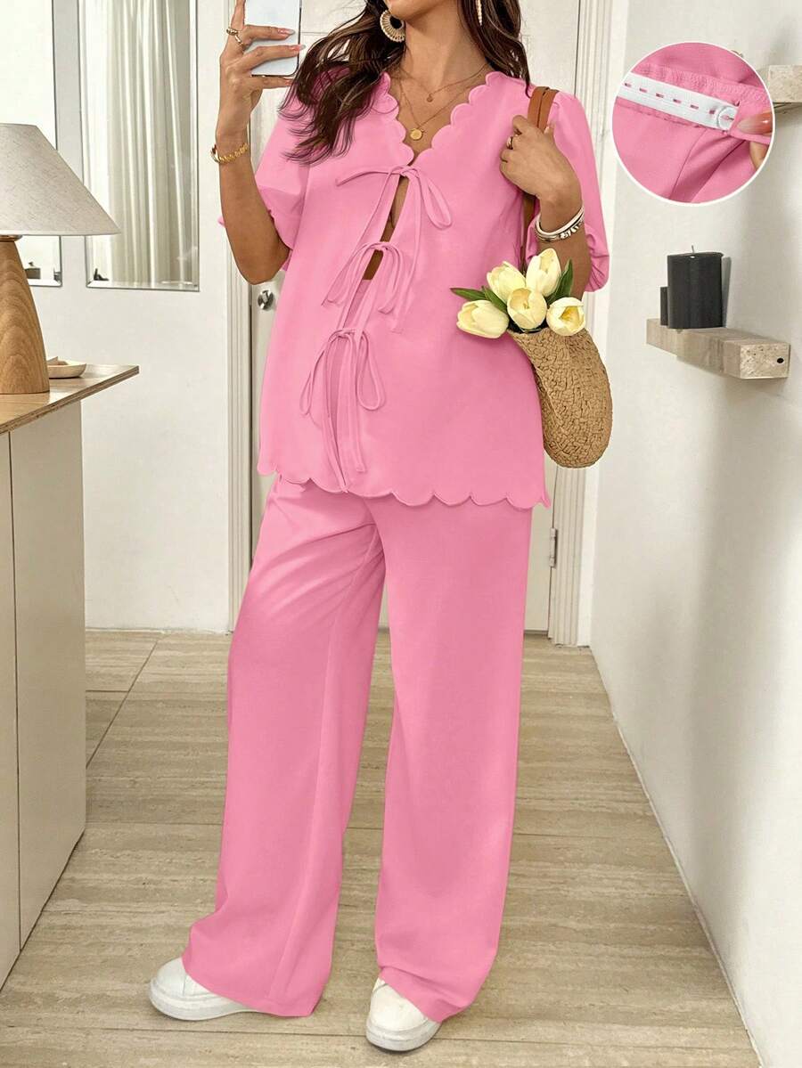 Set de 2 piezas de top con mangas de farol con volantes y nudo delantero y pantalones con cintura ajustable para embarazadas, conjunto de moda para vacaciones - Rosa - Ver 1