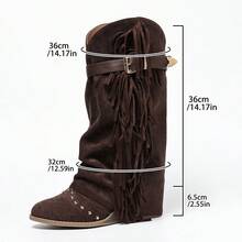 Sepatu bot wedges selop selutut warna cokelat tua untuk wanita, ujung bulat, nyaman dan serbaguna, bergaya punk dengan gesper tali, rumbai dan hiasan paku keling, cocok untuk kantor, perjalanan, pemakaian sehari-hari, liburan, dan gaya jalanan. - Coffee Brown - View 8