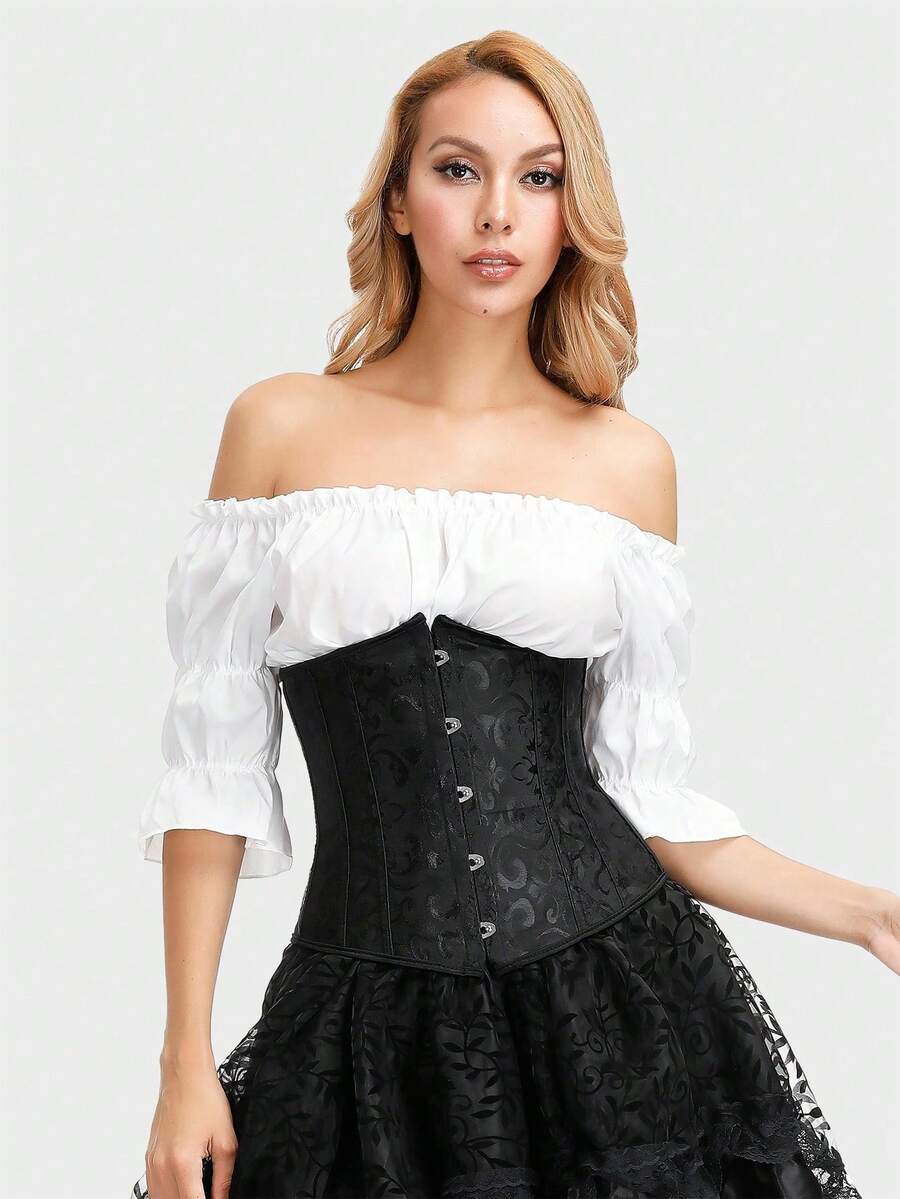 Underbust Corsets For Women,Corset Belt, Women's Floral Jacquard Lace Up Under Boob Corset Slimmer Body Shaper - 黑色 - 查看 1