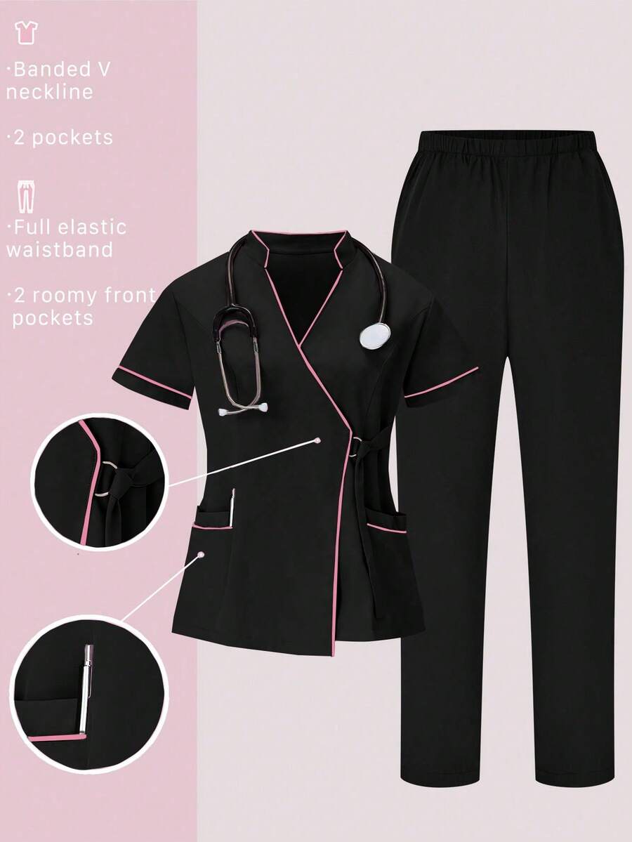 médicos: Parte superior de cuello en V de manga corta y pantalones para trabajadores de la salud - Negro - Ver 1