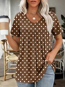 Kaos Wanita Ukuran Besar Motif Polkadot Model Kerut Kasual Lengan Pendek Leher V untuk Liburan Musim Panas - Coklat - View 1
