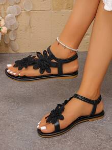 Women's Lace-Up Floral Sandals With Toe Straps, 2026 Summer New Style, Suitable For Beach, Vacation, Casual And Travel - Black - View 2