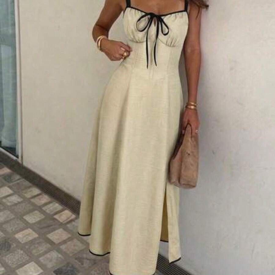 Vestido a media pantorrilla con tirantes a cuadros para mujeres, de moda y apropiado para el verano - Albaricoque - Ver 1