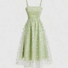 MOD Vestido de tirantes de malla con bordado floral para mujer - Verde - Ver 1