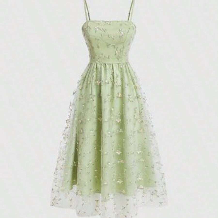 MOD Vestido de tirantes de malla con bordado floral para mujer - Verde - Ver 1