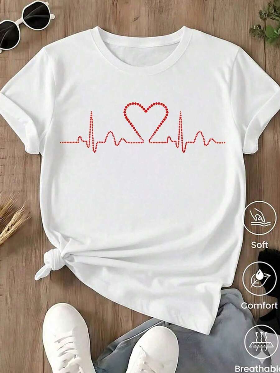 Women's Black T-Shirt With Leopard Heart Graphic And Heartbeat, Aesthetic Style Short Sleeve T-Shirt With Electrocardiogram Line, Minimalist Modern Top - 白色的... - 查看 1