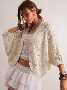 Freevana Cárdigan bohemio vintage de ganchillo hueco, de cuello en V marrón de 3/4 de manga, prenda exterior casual y suelta para primavera, elegante pieza de capa para primavera - Albaricoque - Ver 1