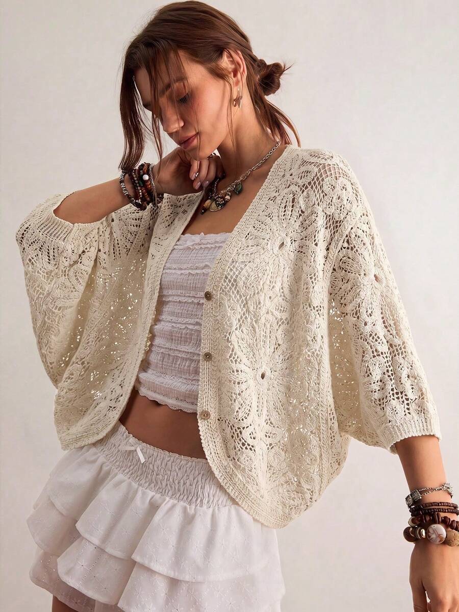 Freevana Cárdigan bohemio vintage de ganchillo hueco, de cuello en V marrón de 3/4 de manga, prenda exterior casual y suelta para primavera, elegante pieza de capa para primavera - Albaricoque - Ver 1