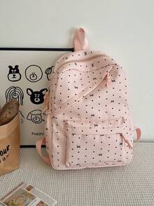 3pcs Nylon Bow Print Backpack Set, Foldable Multi-Pocket Large Capacity Zipper Backpack, Suitable For Teenagers And High School Students - Pink - View 3