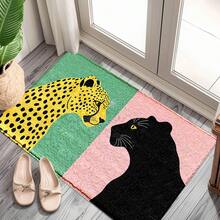 1pc Pink Green Leopard & Contrast Pattern Printed Faux Cashmere Surface TPR Bottom Doormat, Bathroom Mat, Kitchen Mat, Laundry Mat, Holiday Atmosphere Decor, Home Decor, Party Decor, Wedding Decor, Dining & Kitchen Decor - Multicolor - View 3
