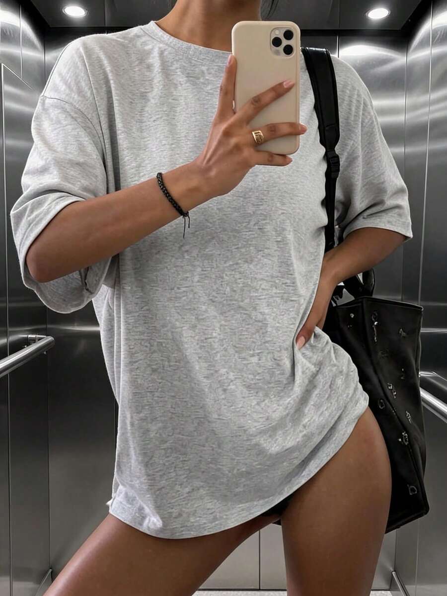 女士宽松圆领短袖长款T恤，休闲简约优雅性感街头Y2K风格，春夏款