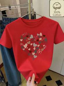 Women's Casual T-Shirt With A Sweet Heart Print, Soft Fabric, Loose Fit, Round Neck, Short Sleeves, Perfect For Spring And Summer Everyday Wear. Features A Romantic Heart Print And Is Ideal For Valentine's Day. Made Of Pure Cotton. - 紅色 - 查看 4