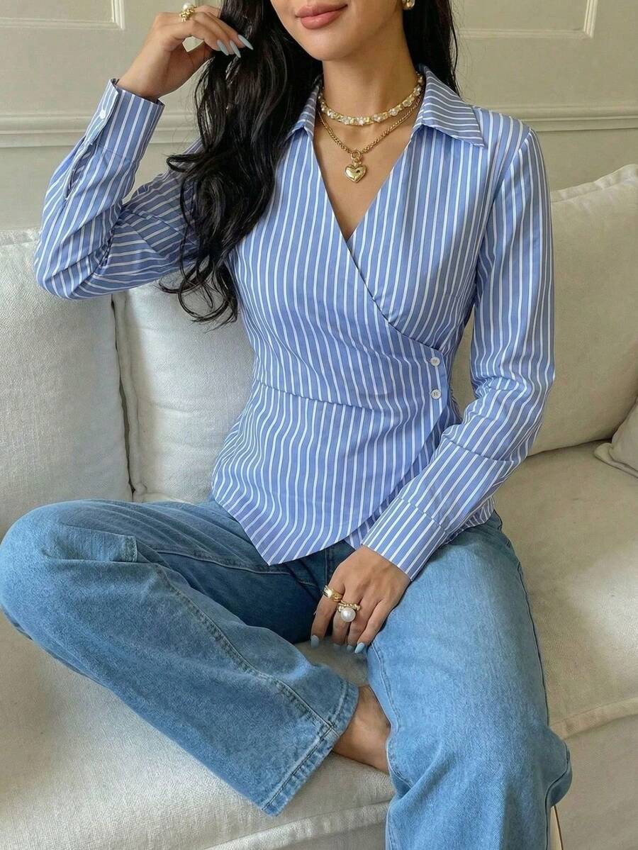 Asymmetrical Long Sleeve Striped Shirt 2026 - Blue - View 1
